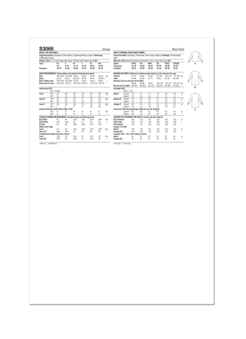 Simplicity Misses Tops and Tunics Sewing Pattern Guide S3068A