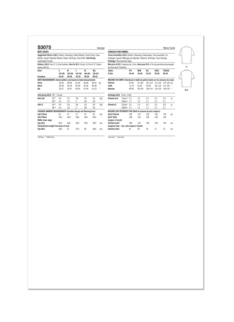Simplicity Men's Shirts Sewing Pattern for Stylish Creations S3075A