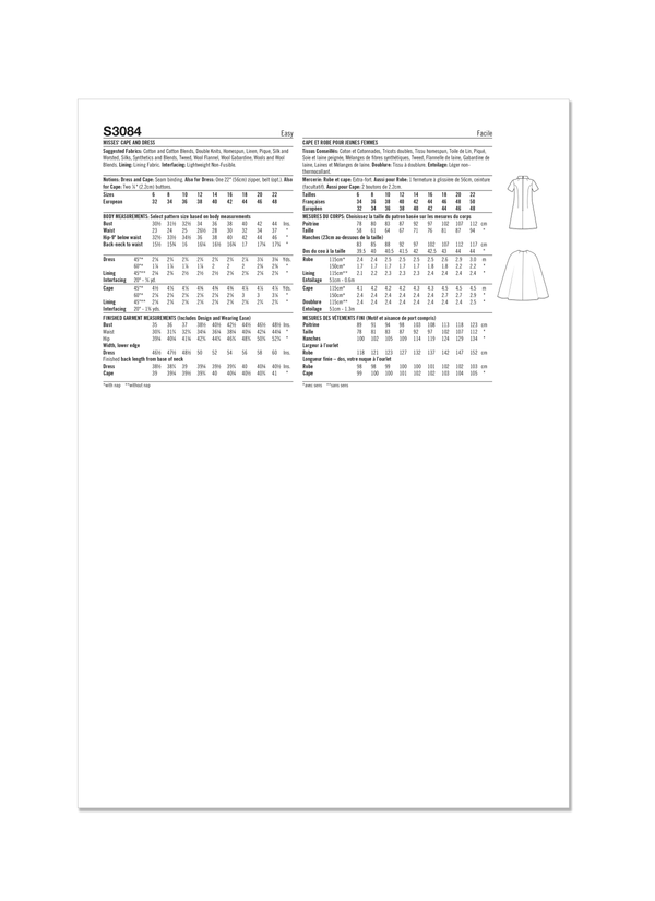 Simplicity Misses Cape and Dress Sewing Pattern Guide S3084