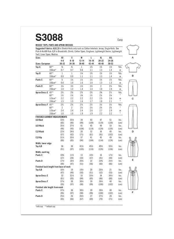 Simplicity Misses Tops, Pants & Apron Dresses Sewing Pattern S3088A