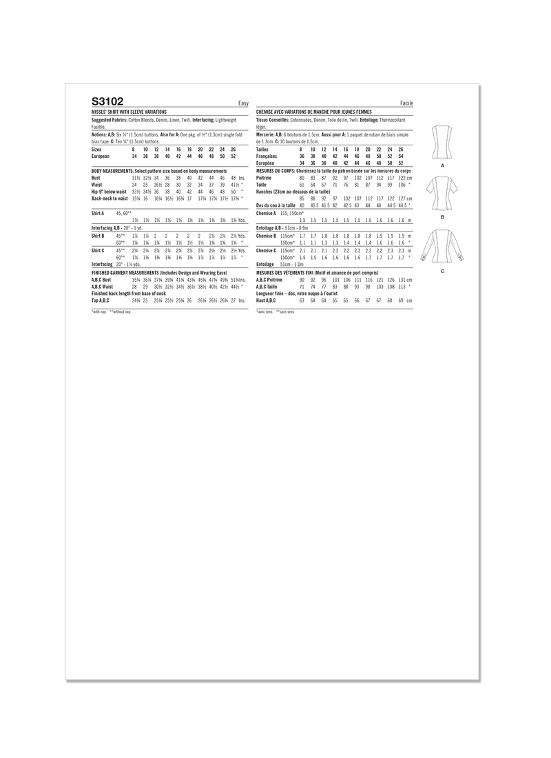Simplicity Misses Shirt with Sleeve Variations Sewing Pattern S3102