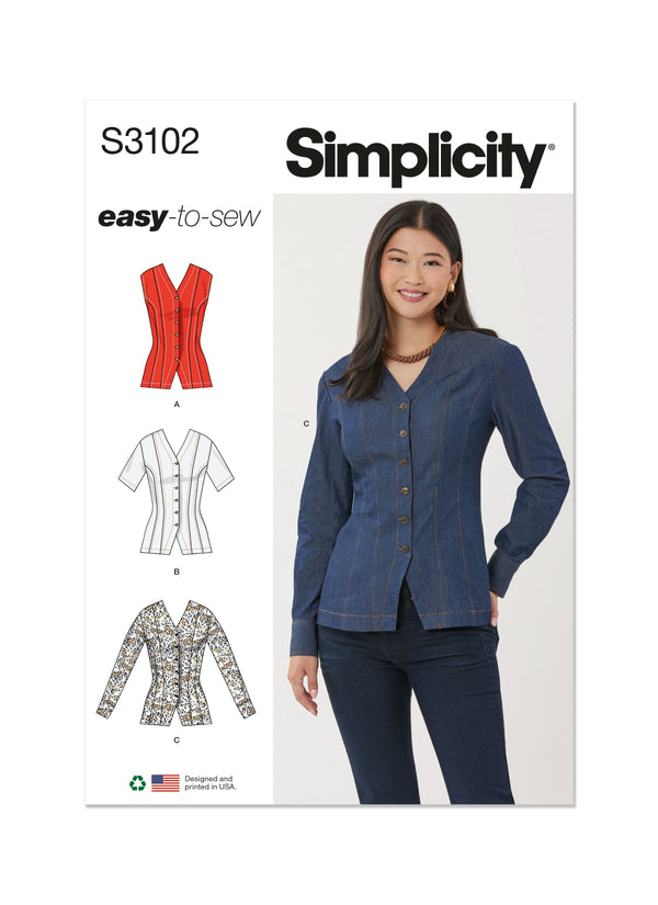 Simplicity Misses Shirt with Sleeve Variations Sewing Pattern S3102