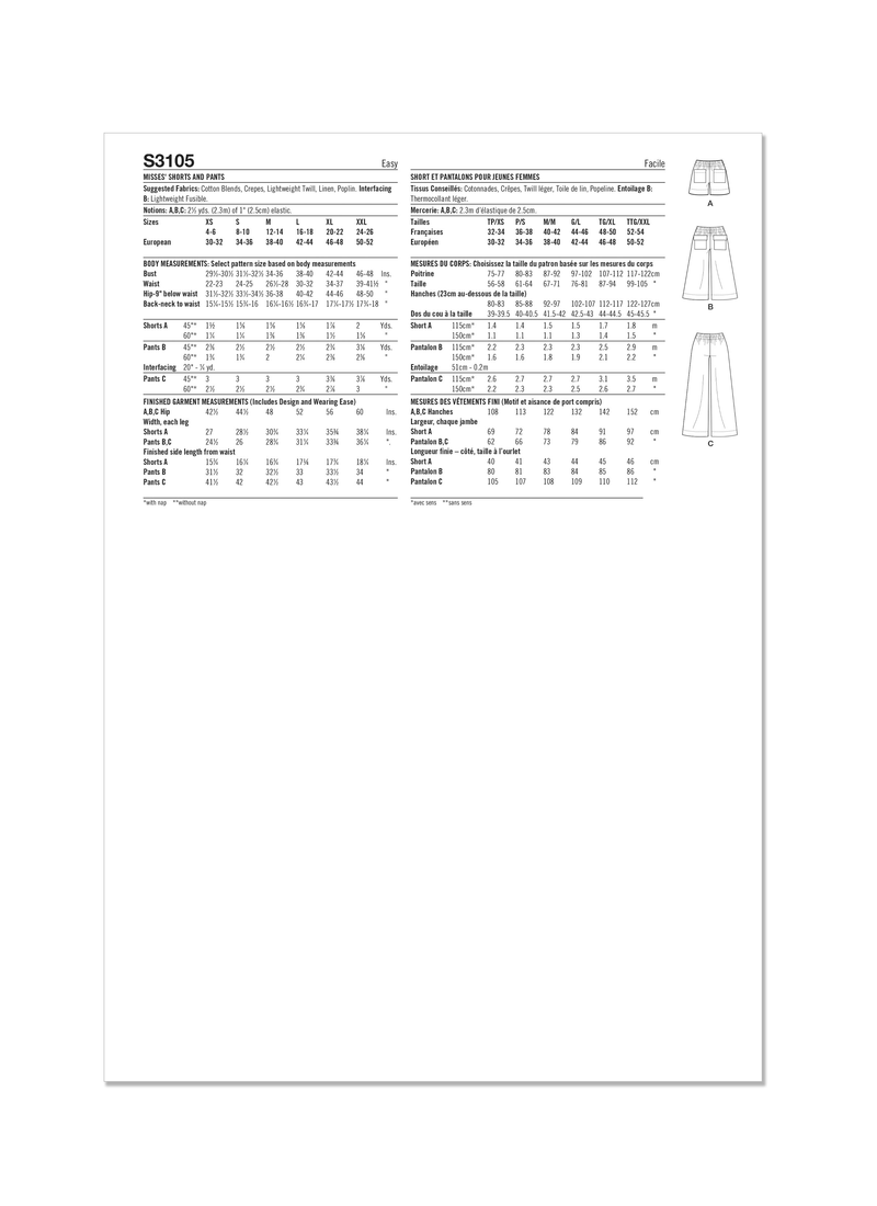 Simplicity Misses Shorts and Pants Sewing Pattern S3105A