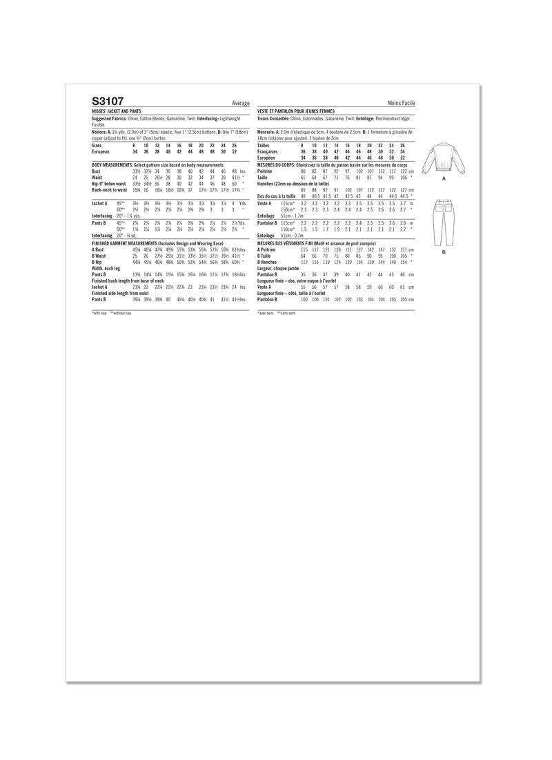 Simplicity Misses Jacket and Pants Sewing Pattern Guide S3107