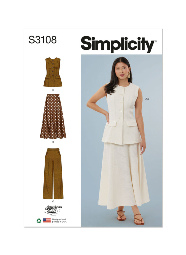 Simplicity Misses Vest, Skirt & Pants Sewing Pattern S3108