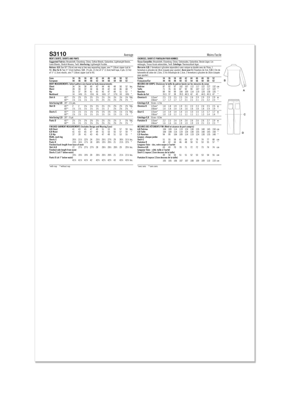 Simplicity Men's Shirts, Shorts and Pants Sewing Pattern S3110