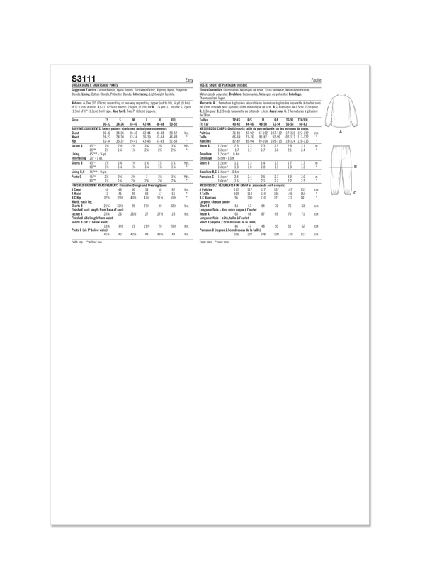 Simplicity Unisex Jacket, Shorts and Pants Sewing Pattern S3111A