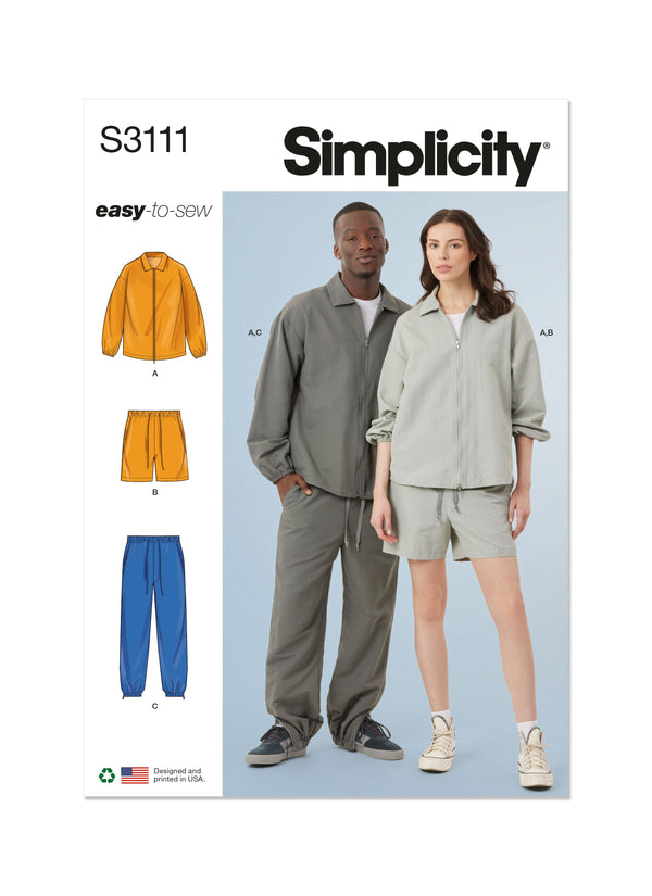 Simplicity Unisex Jacket, Shorts and Pants Sewing Pattern S3111A