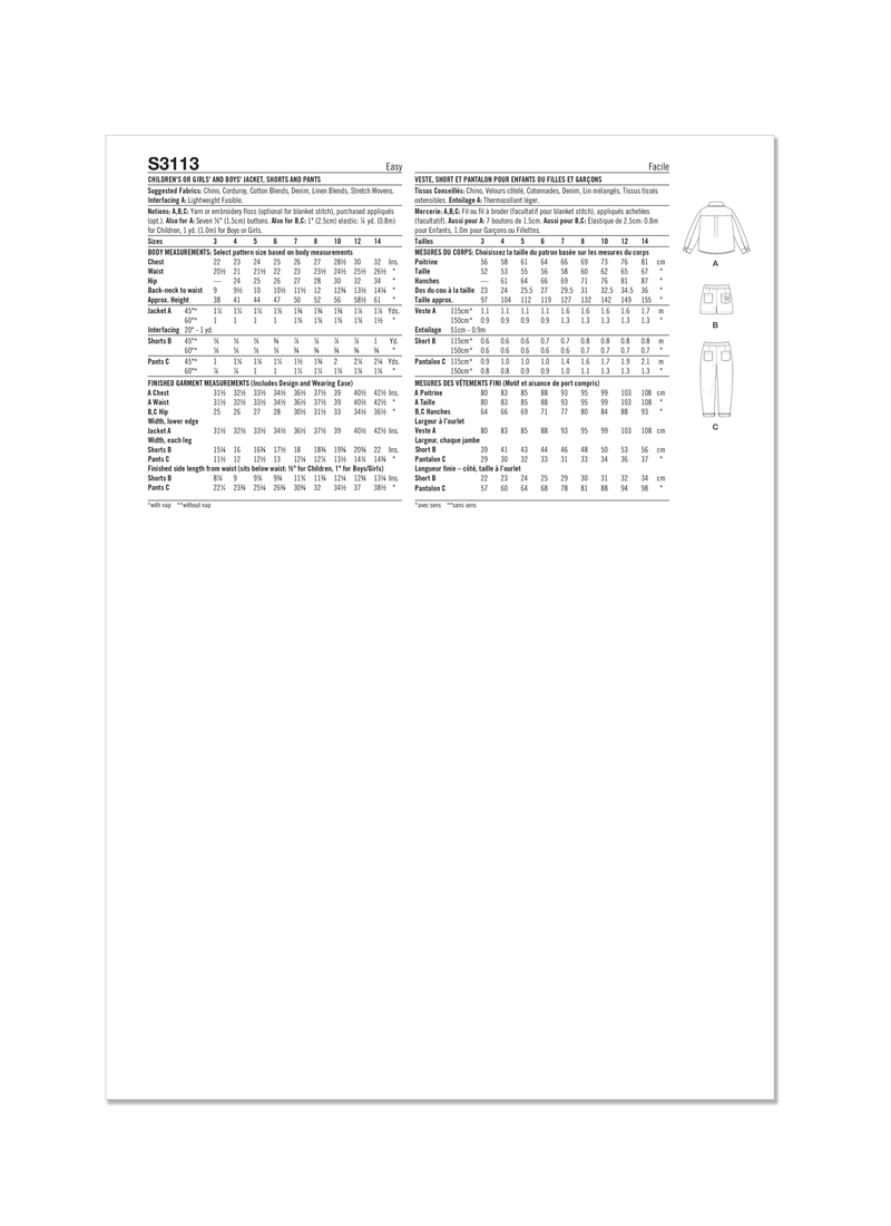 Simplicity Children's Jacket, Shorts & Pants Sewing Pattern S3113