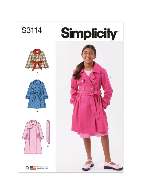 Simplicity Girls' Trench Coat Sewing Pattern in Three Lengths S3114A