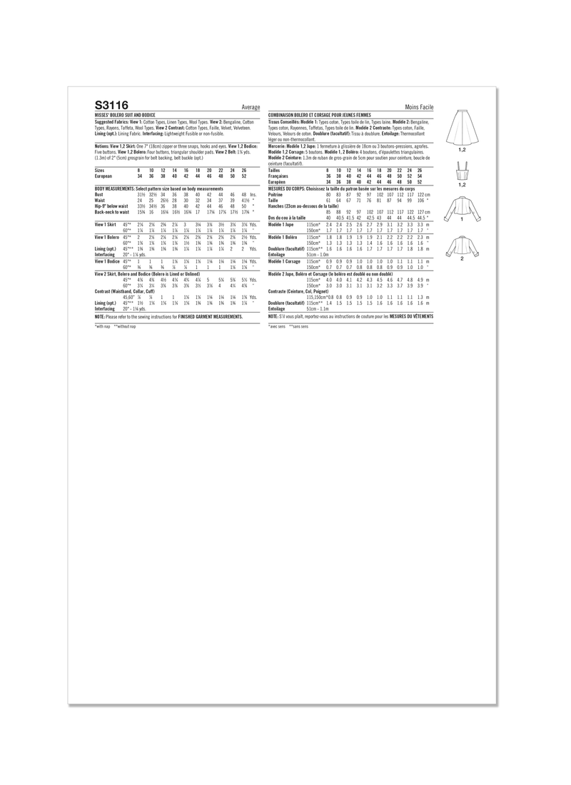 Simplicity Misses Bolero Suit and Bodice Sewing Pattern S3116