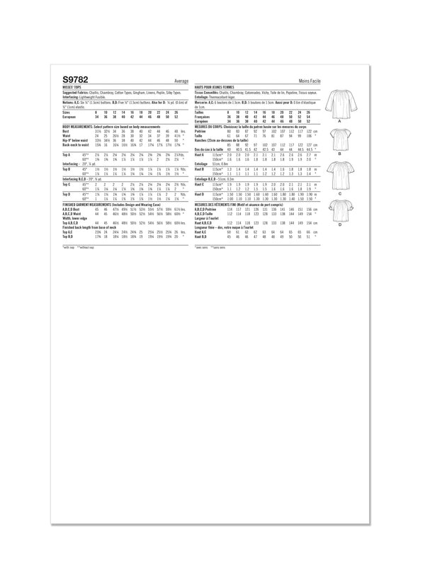 Simplicity Misses Tops Sewing Pattern S9782