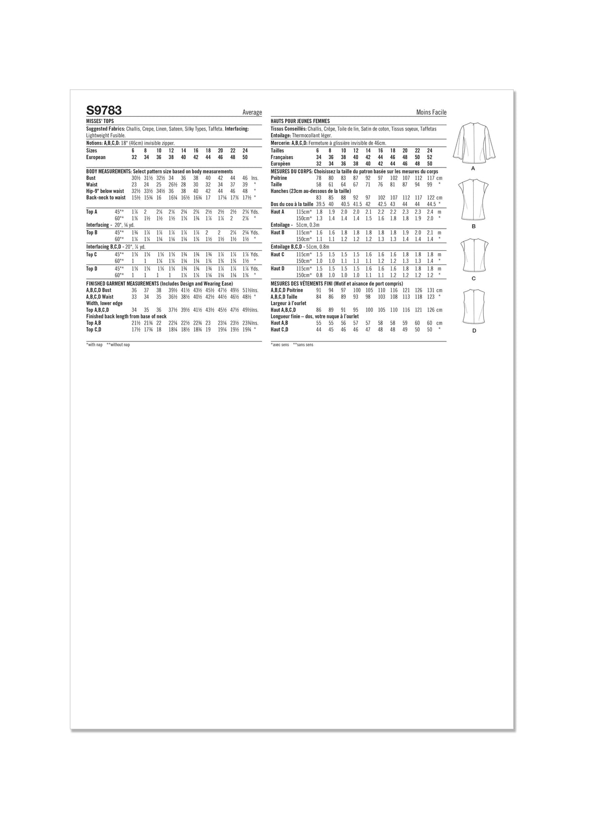 Simplicity Misses Tops Sewing Pattern S9783