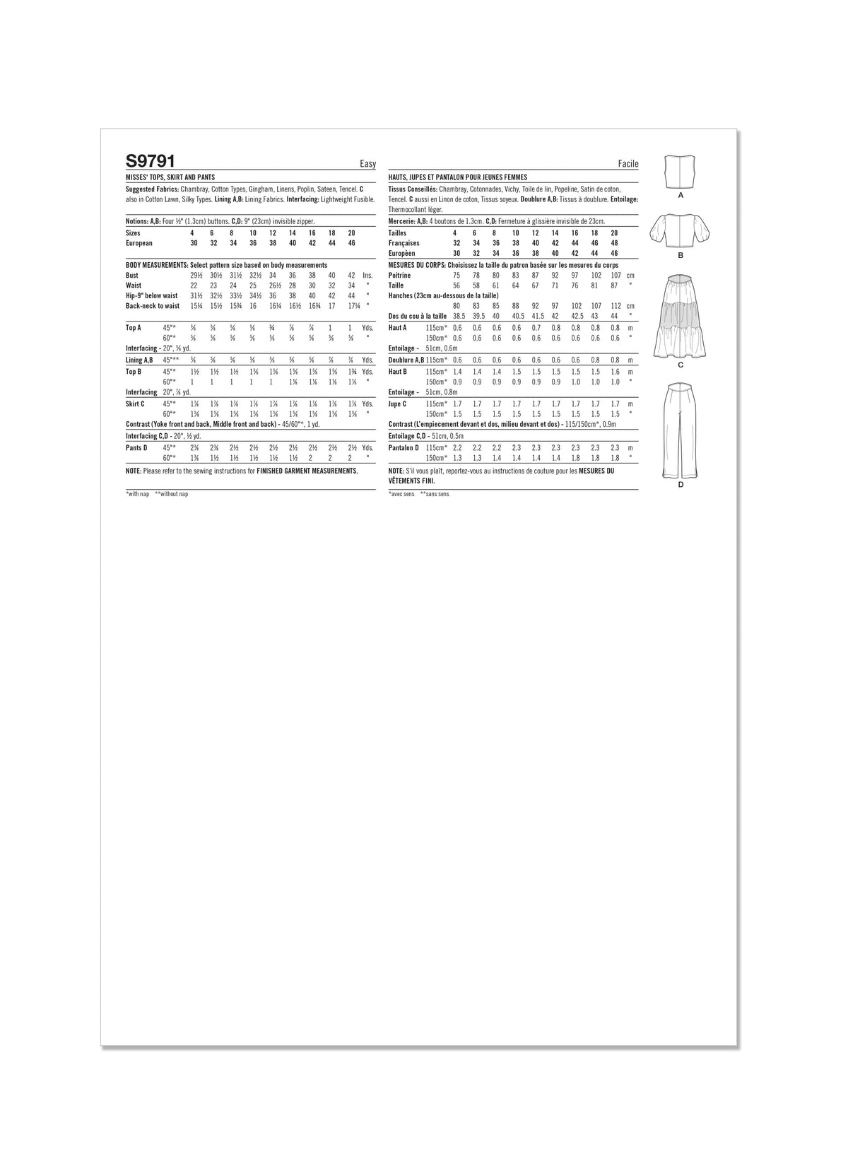 Simplicity Misses Tops, Skirt and Pants Sewing Pattern S9791