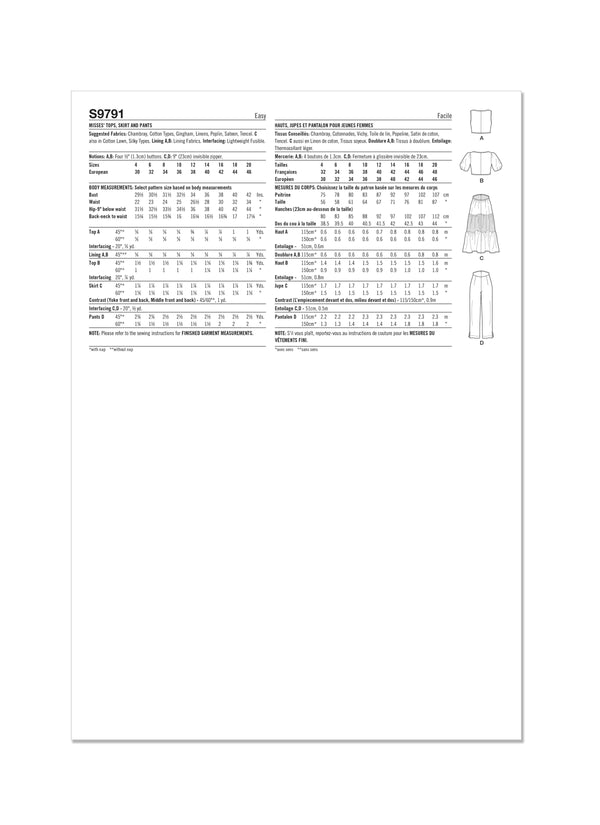 Simplicity Misses Tops, Skirt and Pants Sewing Pattern S9791