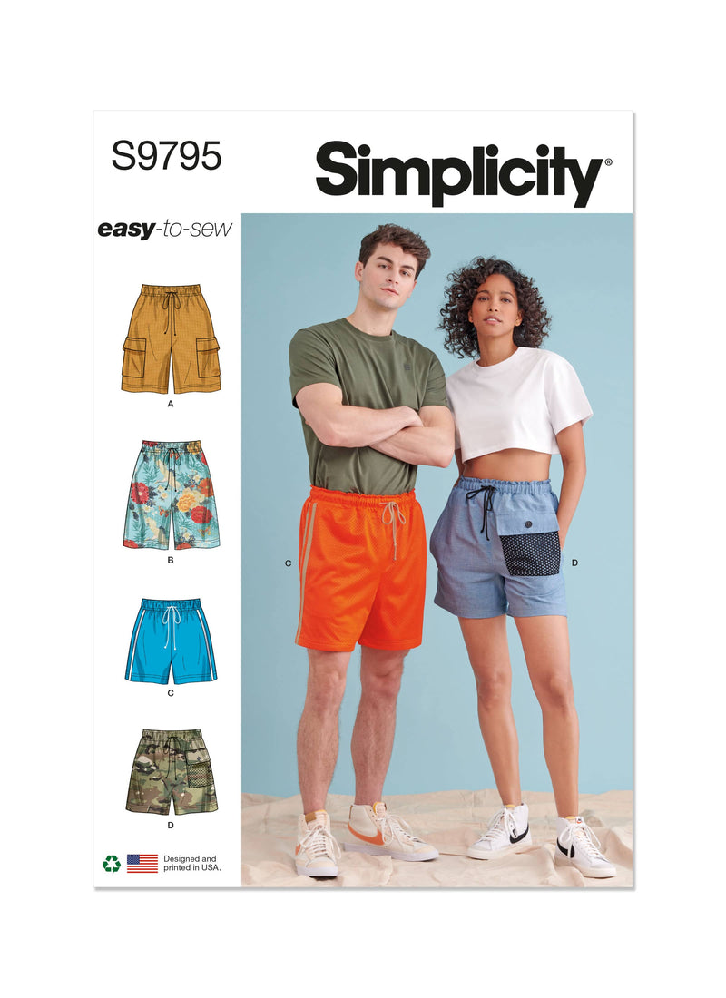 Simplicity Unisex Shorts Sewing Pattern S9795A (XS-S-M-L-XL-XXL)