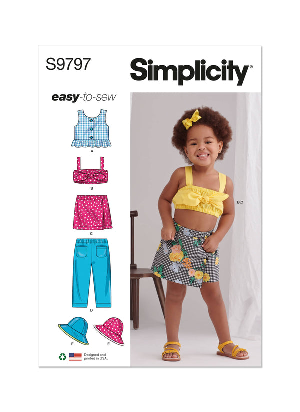 Simplicity Toddlers Tops Skort, Pants & Hat in Three Sizes Sewing Pattern S9797A