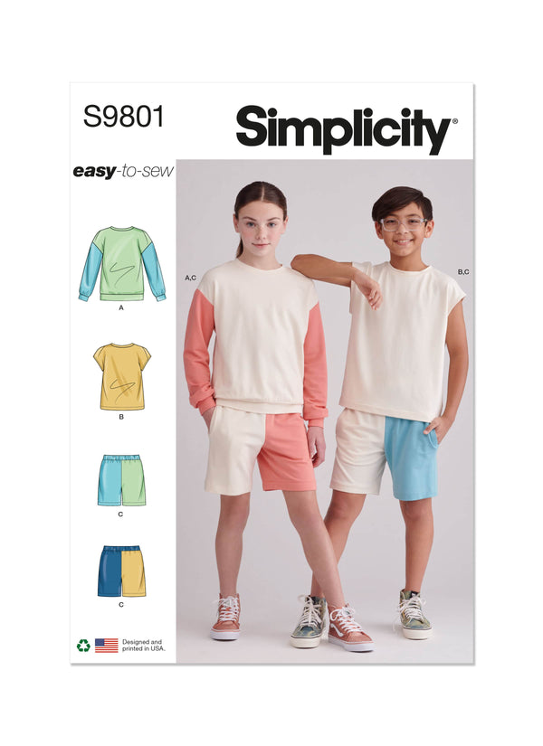 Simplicity Girls and Boys Sweatshirts and Shorts Sewing Pattern S9801 A (7-8-10-12-14)