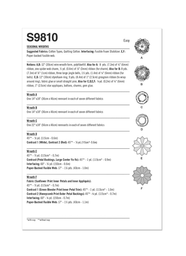 Simplicity Seasonal Wreaths Sewing Pattern S9810 OS 