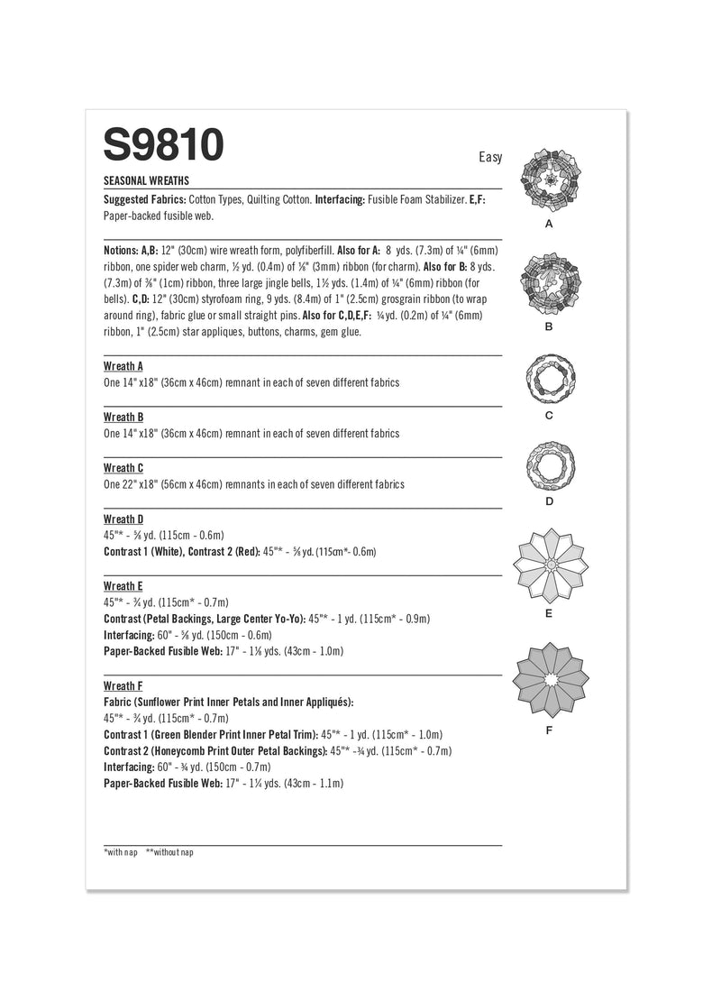 Simplicity Seasonal Wreaths Sewing Pattern S9810 OS 