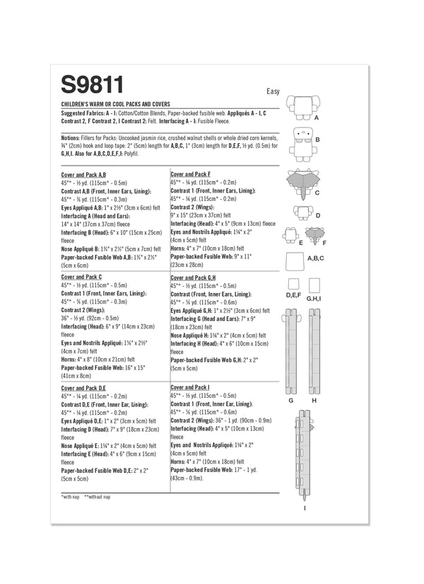 Simplicity Childrens Warm or Cool Packs and Covers Sewing Pattern S9811 OS 