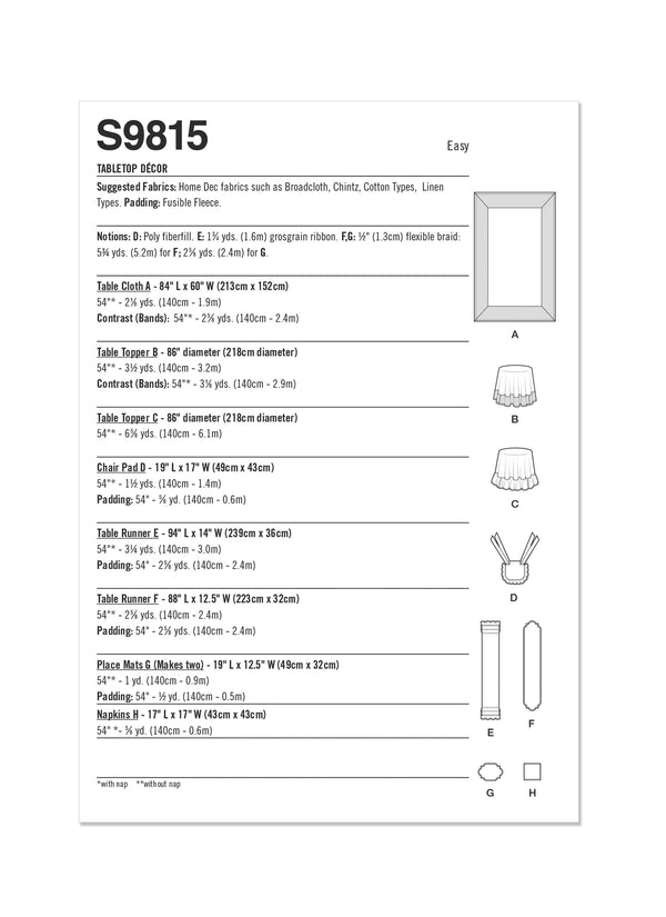 Simplicity Tabletop Décor Sewing Pattern S9815 OS