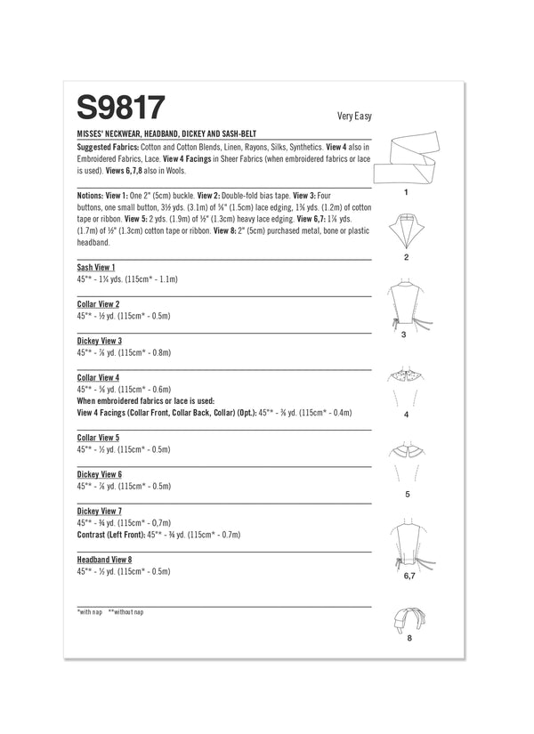 Simplicity Misses Neckwear, Headband, Dickey and Sash-Belt Sewing Pattern S9817 OS 