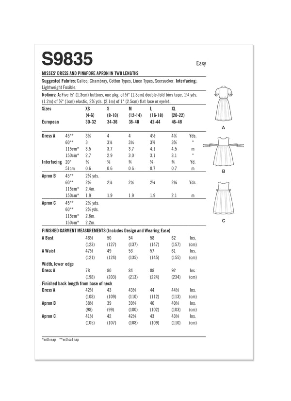 Simplicity Misses Dress and Pinafore Apron In Two Lengths by Elaine Heigl Designs Sewing Pattern S9835 A (XS-S-M-L-XL)