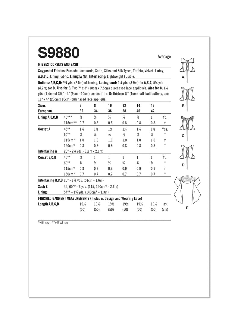 Simplicity Misses Corsets and Sash Sewing Pattern S9880 A (6-8-10-12-14-16)