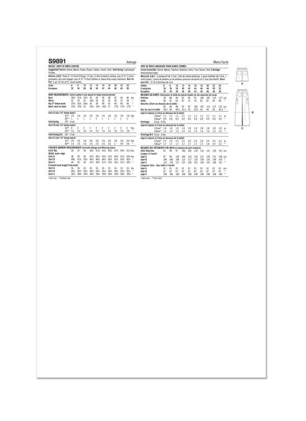 Simplicity Misses Skirt In Three Lengths Sewing Pattern S9891