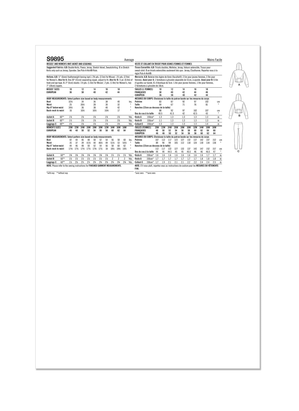 Simplicity Misses and Womens Jacket and Knit Leggings Sewing Pattern S9895
