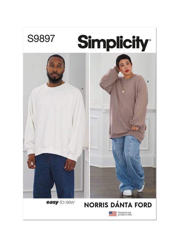 Simplicity Unisex Sweatshirt in Two Lengths By Norris Danta Ford Sewing Pattern S9897 A (XS-S-M-L-XL-XXL)