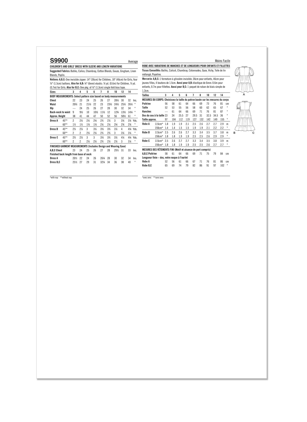 Simplicity Childrens and Girls Dress with Sleeve and Length Variations Sewing Pattern S9900