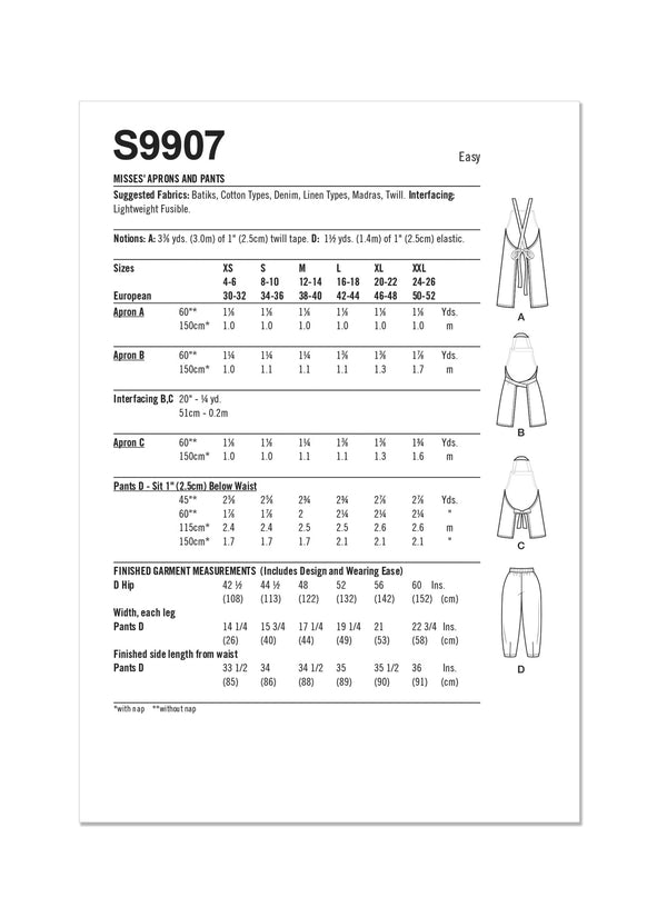 Simplicity Misses Aprons & Pants By Elaine Heigl Sewing Pattern S9907A (XS-XXL)