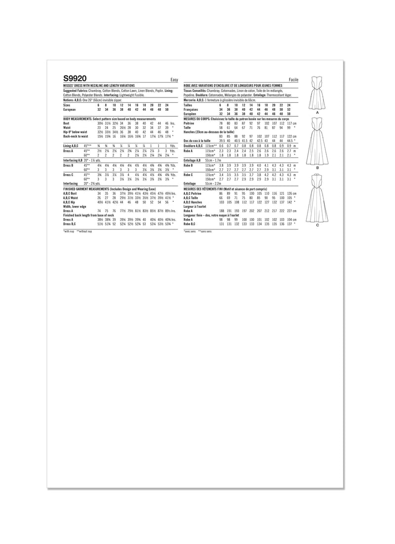 Simplicity Easy To Sew Misses Dress with Neckline and Length Variations Sewing Pattern S9920