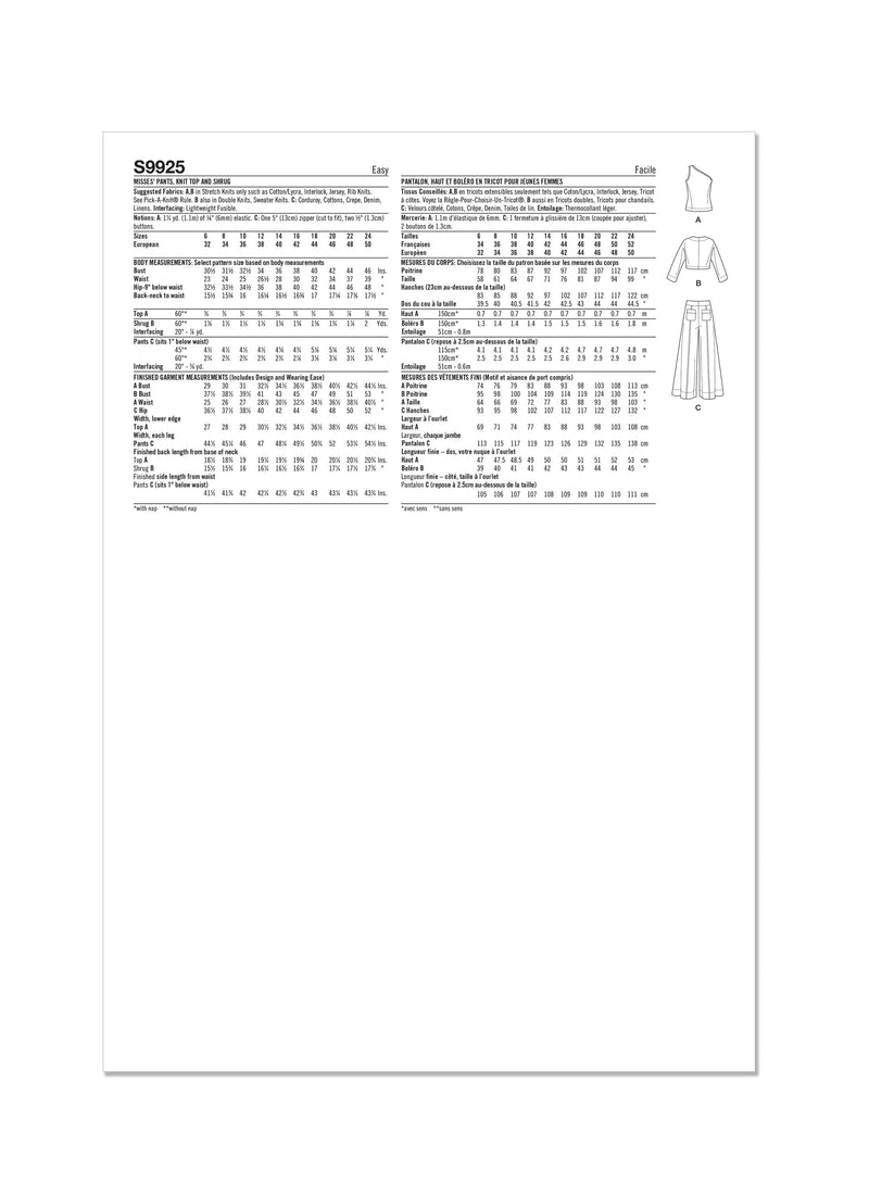 Simplicity Easy To Sew Misses Pants, Knit Shrug and Top Sewing Pattern S9925