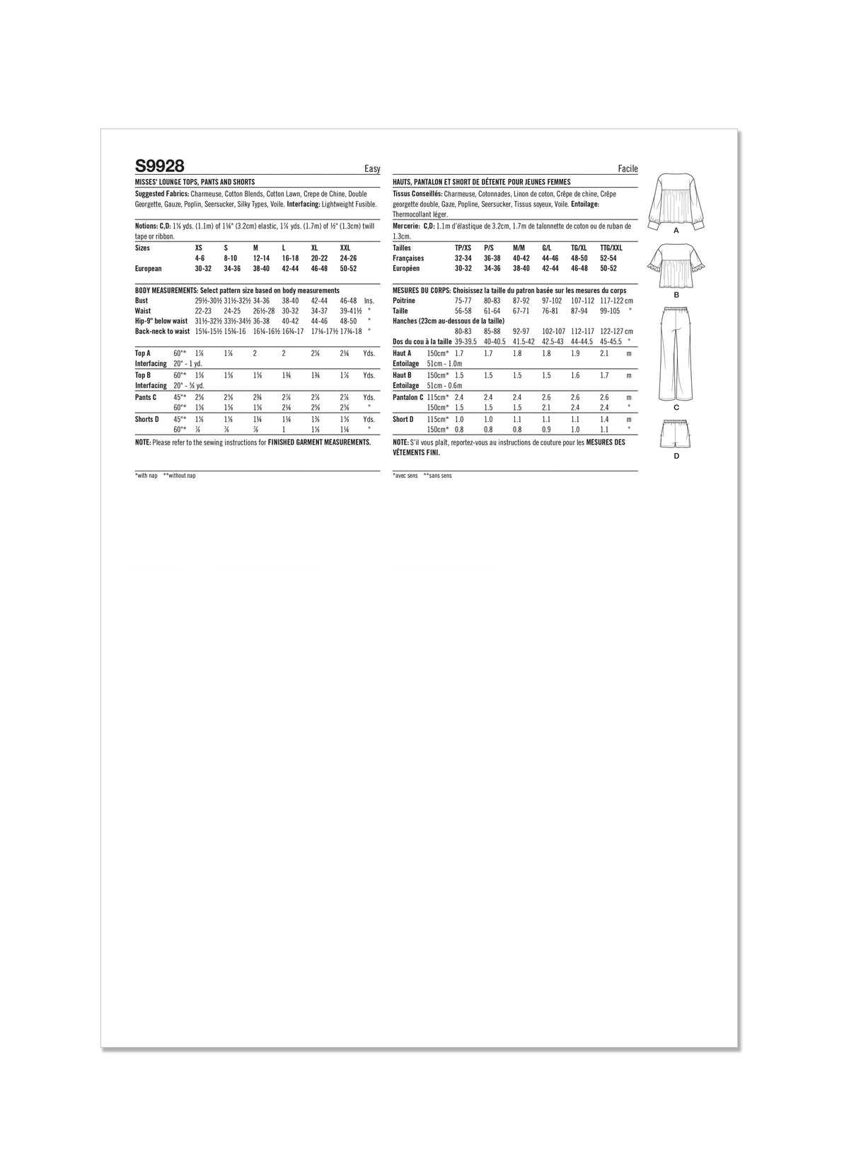 Simplicity Misses Lounge Tops, Pants and Shorts Sewing Pattern S9928 A (XS-S-M-L-XL-XXL)