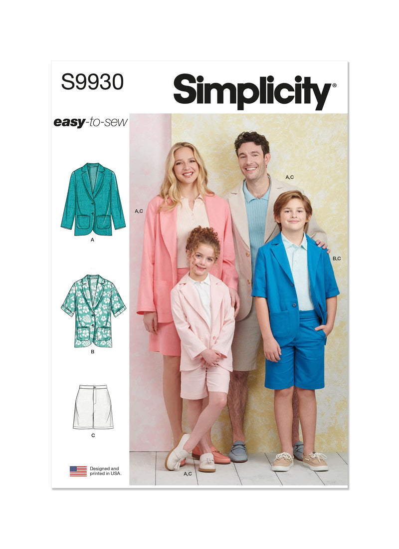 Simplicity Childrens, Teens and Adults Blazers and Shorts Sewing Pattern S9930 A (XS - L / XS - XL)