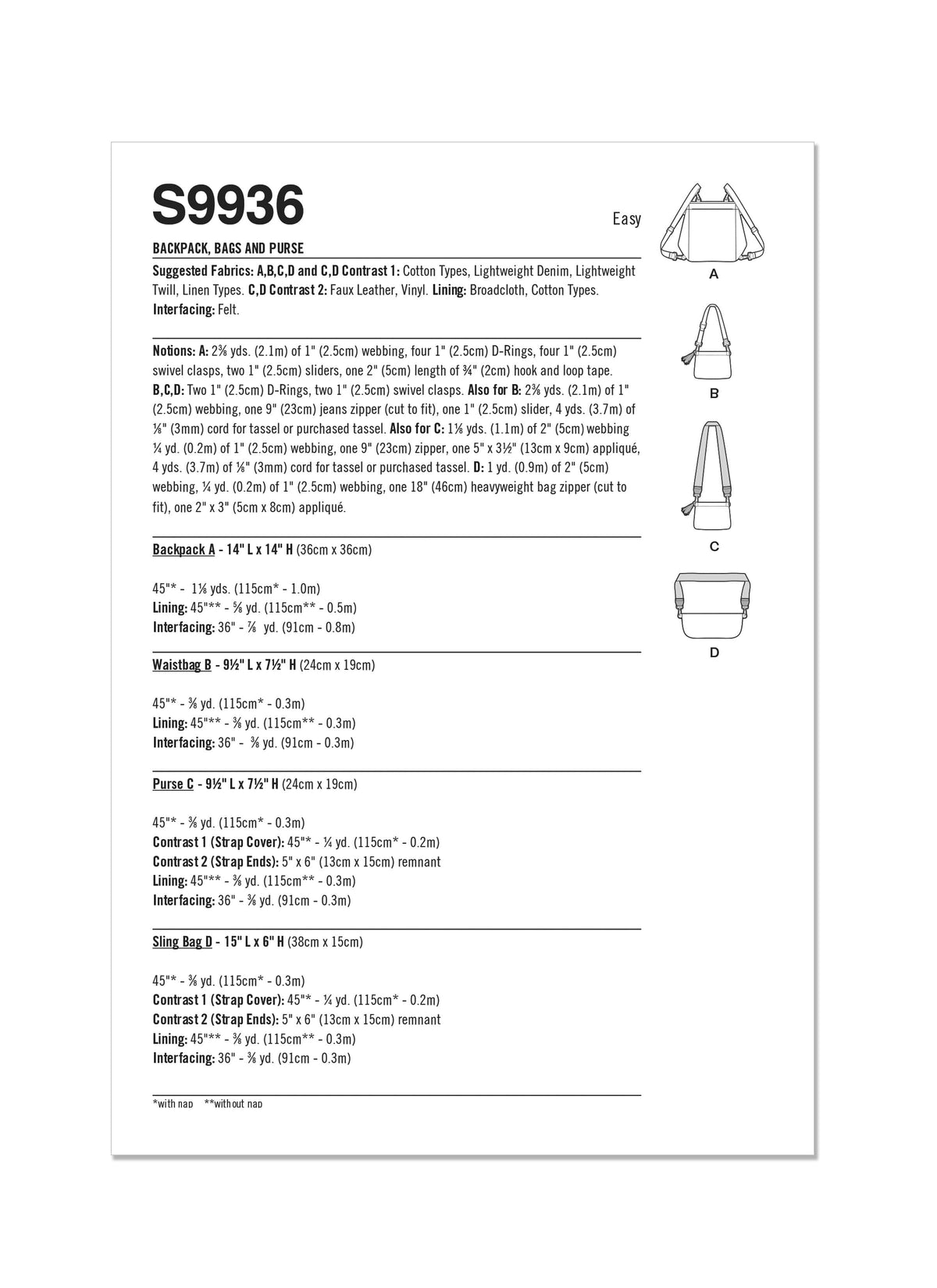 Simplicity Backpack, Bags and Purse by Elaine Heigl Designs Sewing Pattern S9936 OS 