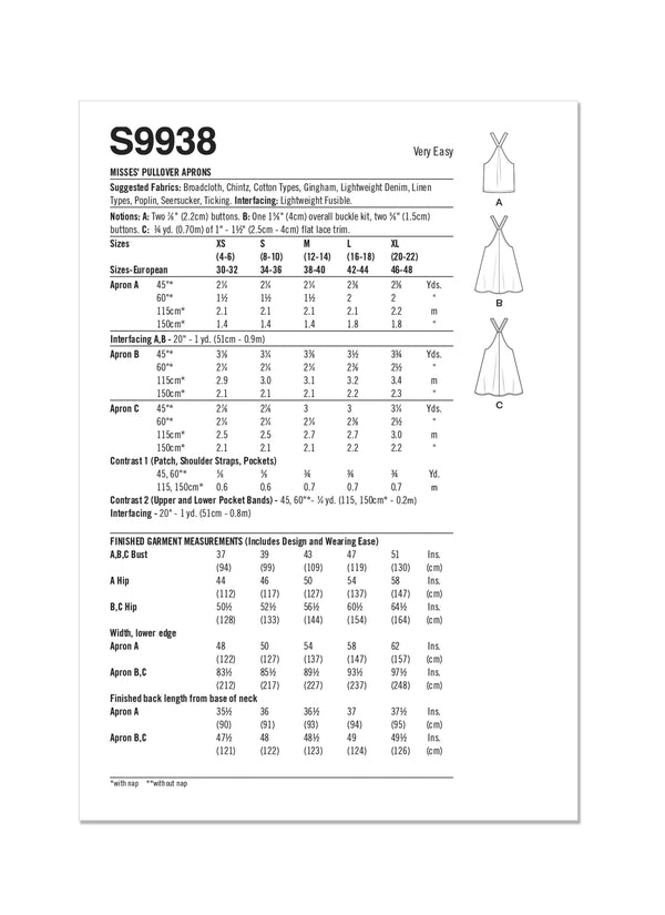 Simplicity Misses Pullover Aprons Sewing Pattern S9938 A (XS-S-M-L-XL)