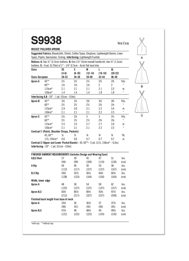 Simplicity Misses Pullover Aprons Sewing Pattern S9938 A (XS-S-M-L-XL)