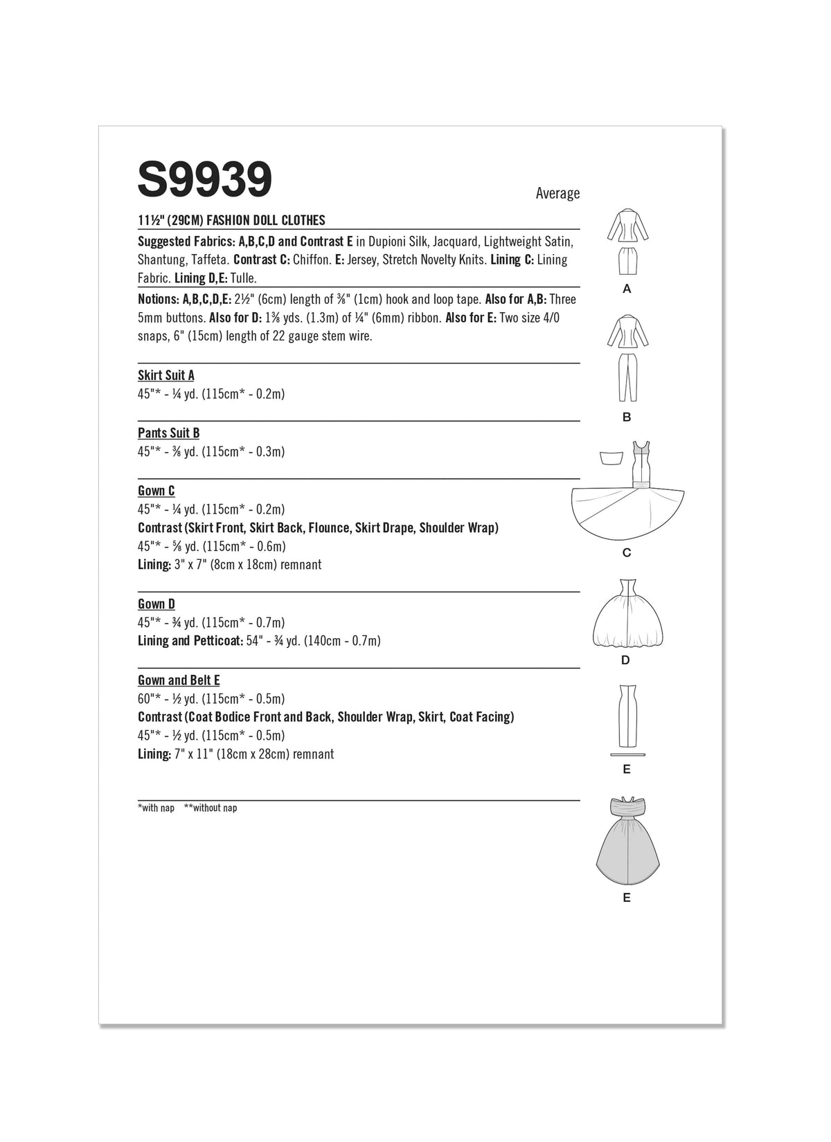 Simplicity 11 1/2” Fashion Doll Clothes by Andrea Schewe Designs Sewing Pattern S9939 OS 