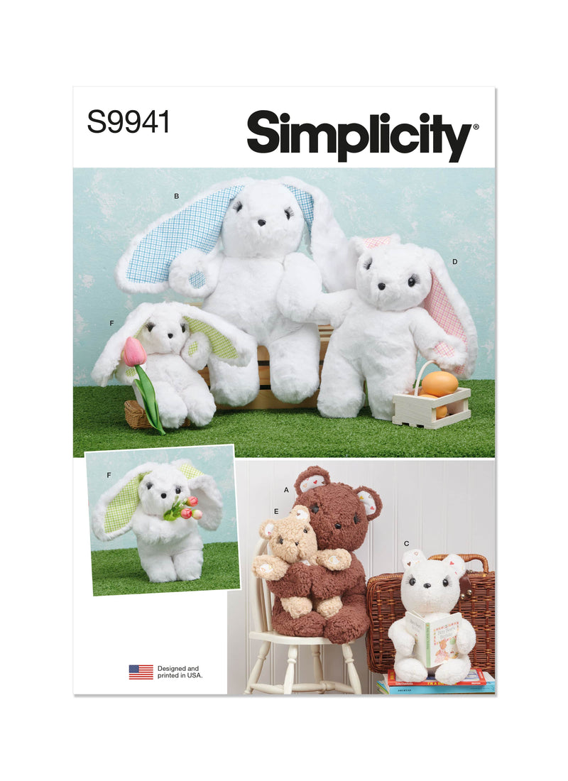 Simplicity Plush Bears and Bunnies in Three Sizes Sewing Pattern S9941 OS 