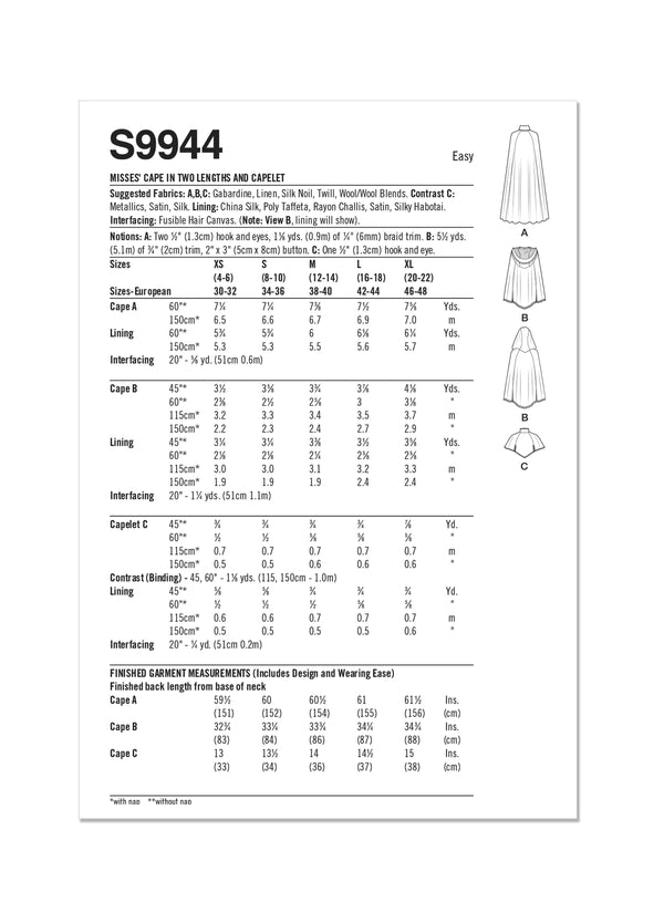 Simplicity Misses Capelet and Cape in Two Lengths by Scissor IMP Workshop Sewing Pattern S9944 A (XS-S-M-L-XL)