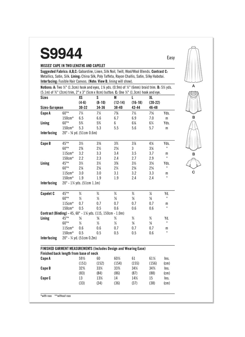 Simplicity Misses Capelet and Cape in Two Lengths by Scissor IMP Workshop Sewing Pattern S9944 A (XS-S-M-L-XL)