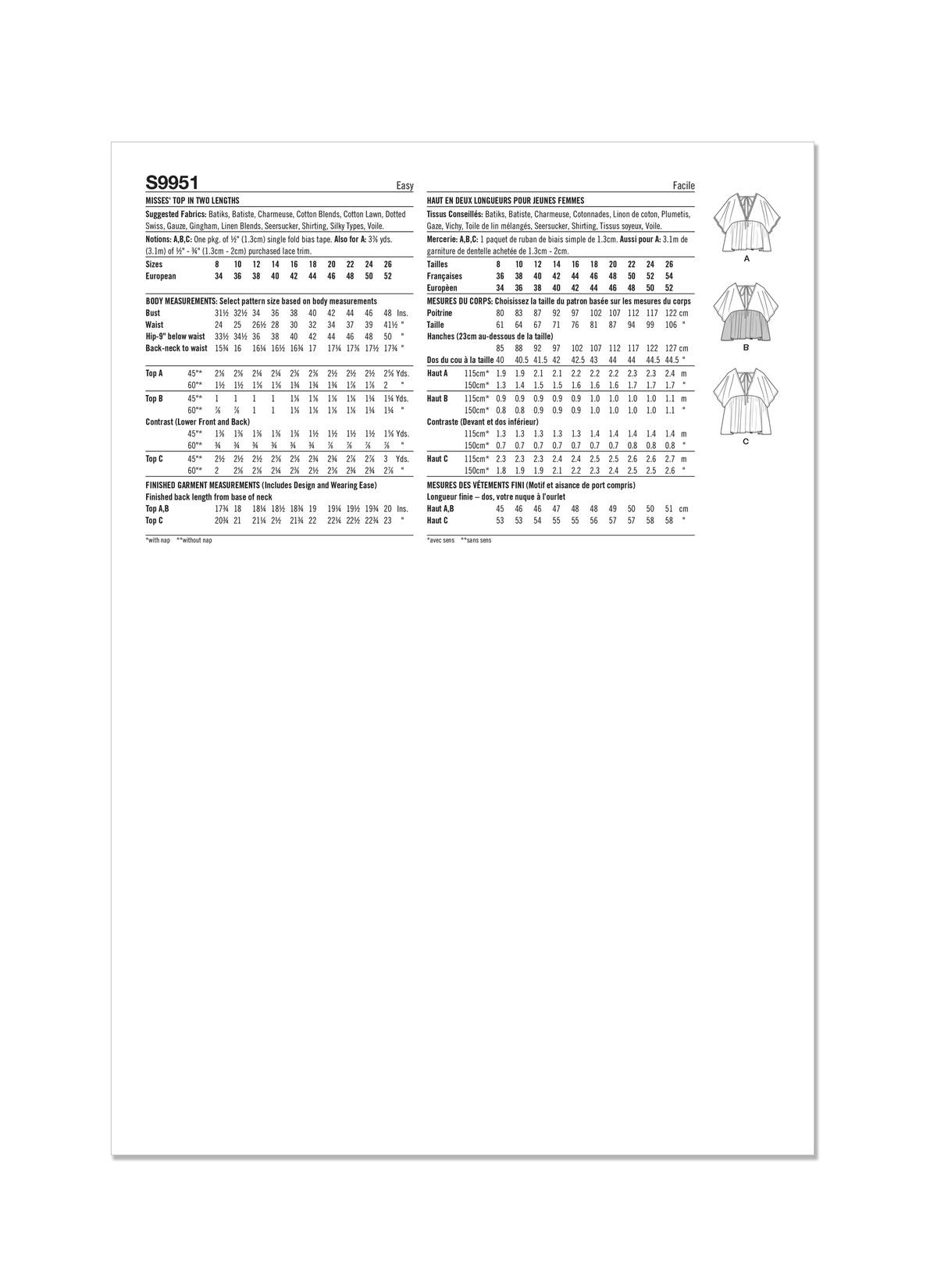 Simplicity Misses Top in Two Lengths Sewing Pattern S9951