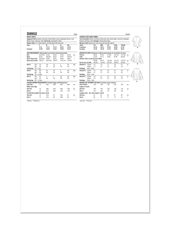 Simplicity Misses Shirts: Easy-to-Follow Sewing Pattern S9952A