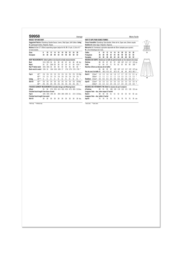 Simplicity Misses Top and Skirt Sewing Pattern Guide S9958