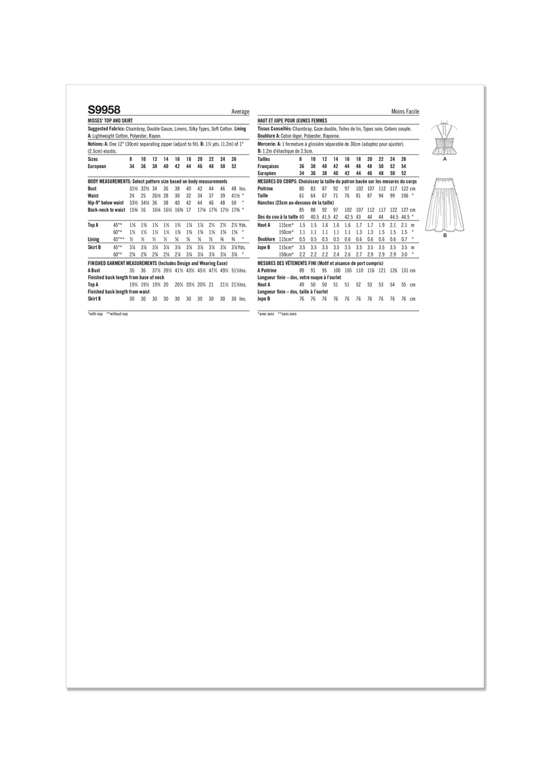 Simplicity Misses Top and Skirt Sewing Pattern Guide S9958