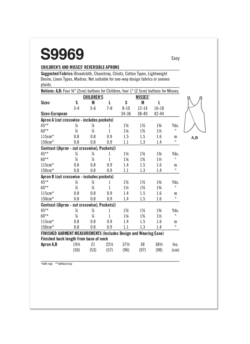 Simplicity Children's & Misses Reversible Aprons Sewing Pattern S9969A